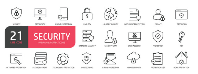 Set of line icons related to secure, protection, privacy, lock, key. Outline icons collection. Editable stroke. Vector illustration.
