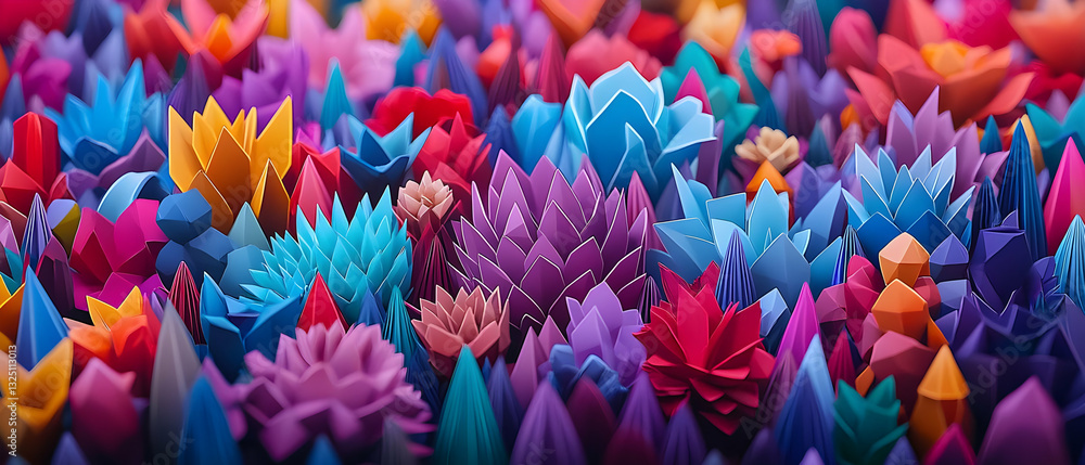 Poster a field of vibrant 3d flowers in various colors with abstract geometric shapes creates a colorful ba