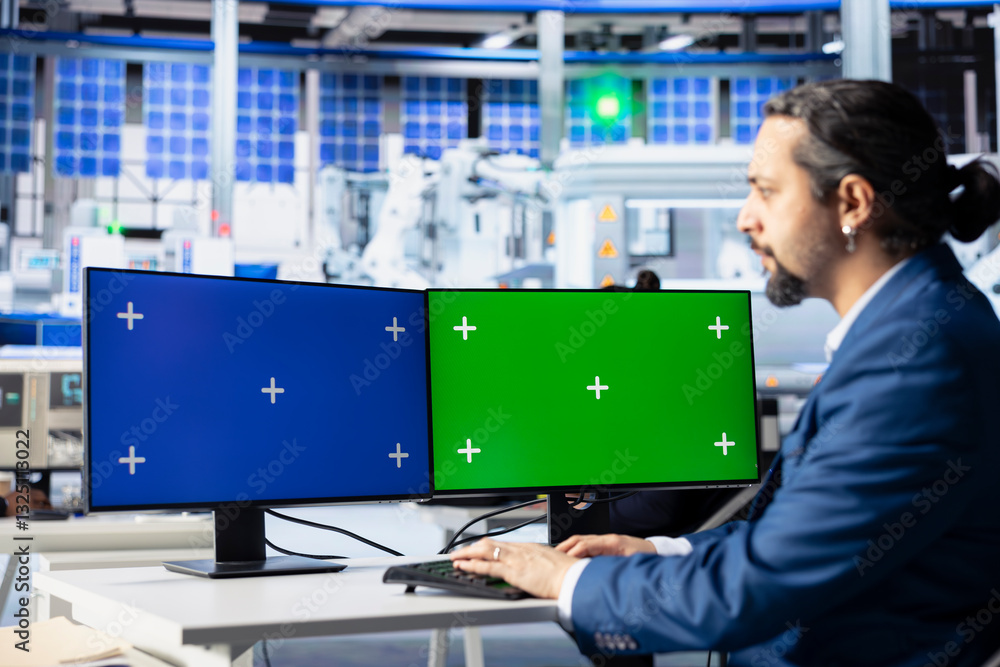 Aufkleber engineer in photovoltaics factory reviewing system logs on isolated screen computer displays to iden