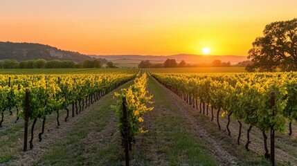 Fototapeta premium Lush vineyard rows glow in warm orange sunset over serene countryside landscape