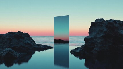 Reflective Monolith on a Tranquil Seascape at Sunset