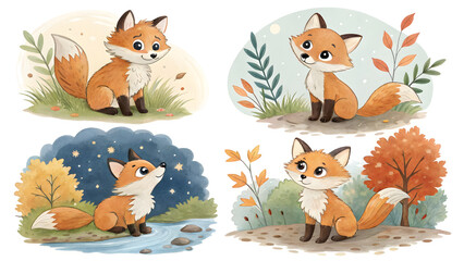 set of watercolor illustration of adorable cartoon foxes on white