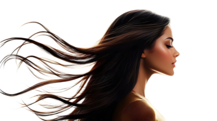 A profile view of a woman with long, flowing hair caught in a breeze, showcasing elegance and beauty in motion against a clean backdrop.