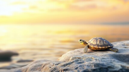 A small turtle on a rock near a serene golden ocean