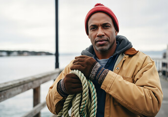 Confident fisherman holding rope on a wooden pier, wearing warm clothing during winter season