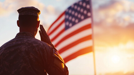 U.S. Soldier Saluting at Sunset with American Flag

