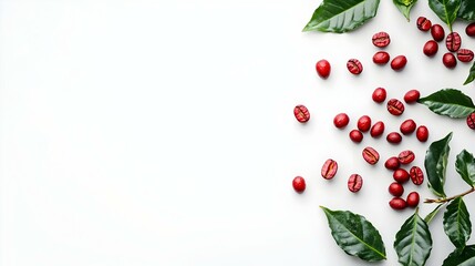 fresh red coffee beans with leaves on white