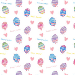A pattern of painted multi-colored Easter eggs and stylized hearts
