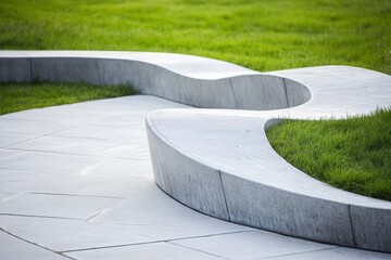 A gracefully curved concrete pathway winds through a serene park, bordered by lush green grass, all bathed in the warm light of day