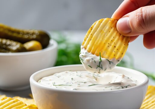 Wavy potato chips are dipped into a creamy dill dip with fresh dill and pickles nearby