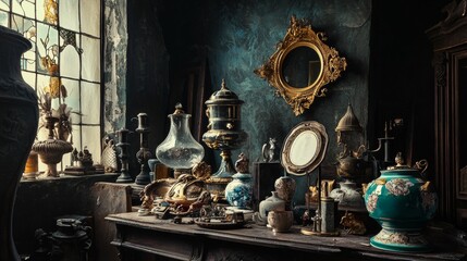 Antique apothecary with vintage glass bottles and decor