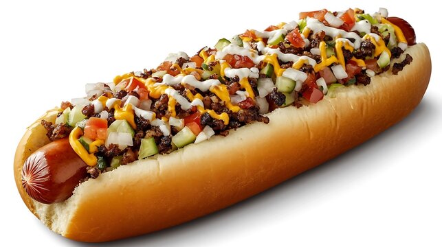 Extra Long Grilled Dog A footlong hot dog with smoky char marks, served in a toasted bun with classic toppings