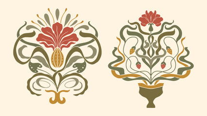  Floral Art Nouveau  Frame Seamless Vintage Pattern and Greeting Birthday Card Ornate Folk Motif Vector Set © trihubova