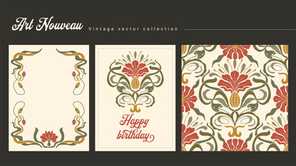 Naklejka premium Floral Art Nouveau Frame Seamless Vintage Pattern and Greeting Birthday Card Ornate Folk Motif Vector Set
