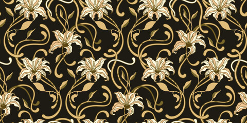 Art Nouveau Seamless Vintage Pattern Lily Flower Botanical Leaves Contemporary Art Folk Motif On Dark Background