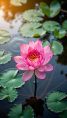 Bright pink lotus flower blooming in tranquil pond, nature's beauty