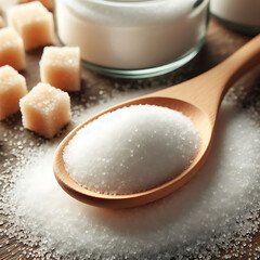 Granulated sugar in a wooden cup, a scattering of refined sugar cubes