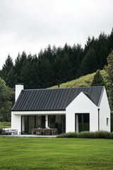 Obraz premium Modern white house nestled in a green landscape with forest backdrop showcases contemporary architecture and tranquil surroundings, perfect for relaxation or retreat