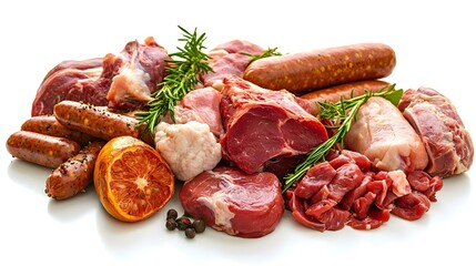 assorted of raw meats beef- sausage- chicken