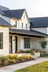 Modern stone home with a black metal roof and landscaped front yard during late afternoon light in a peaceful residential neighborhood