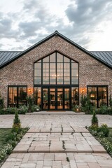 Obraz premium Elegant brick building with large glass windows surrounded by lush greenery at dusk, creating a serene atmosphere for gatherings or events