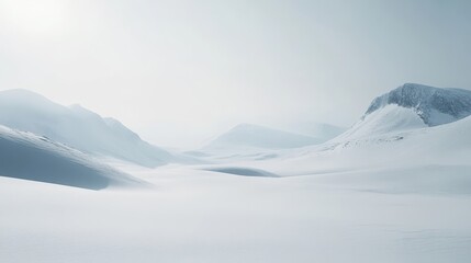 Snow covered mountains and valleys dominate the winter landscape scene