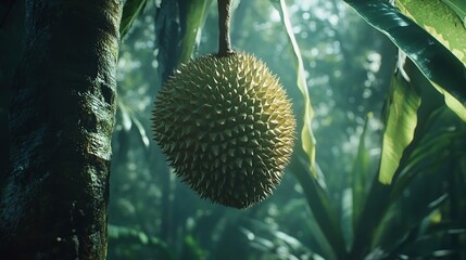 Durian on the Tree in Lush Tropical Rainforest