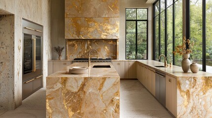 Opulent kitchen featuring gold-veined marble countertops and cabinetry accents