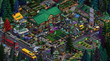 Obraz premium Detailed graphic scene of Earth Day featuring community gardens eco friendly transportation renewable energy installations set in a vibrant urban landscape with a focus on sustainability