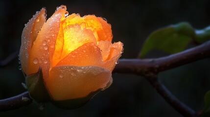Dew kissed apricot bloom reveals its vibrant luminosity at dawn