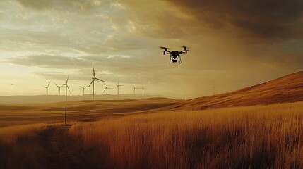 Drone Flight Over Golden Wheat Field and Wind Turbines at Sunset