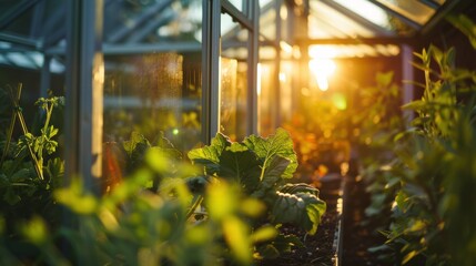 Fototapeta premium A vibrant greenhouse filled with plants, bathed in warm sunlight.