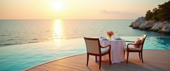 Fototapeta premium Seascape view during sunset with dining table and infinity pool surrounding. Romantic getaway for two, couple concept. Chairs, food, and romance. Luxury destination dining, honeymoon template.