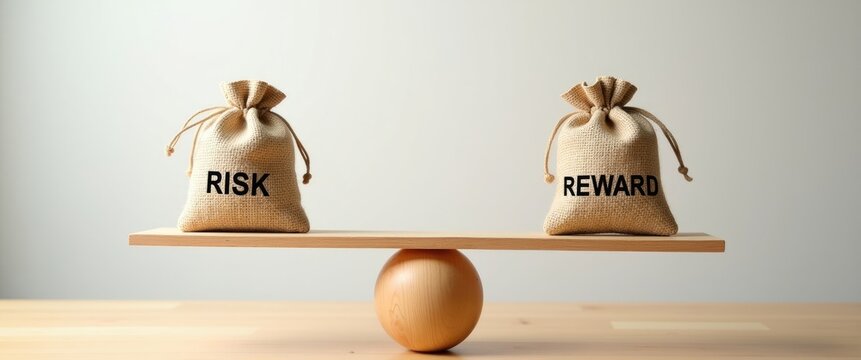 Bags labeled as Risk and Reward positioned equally on a basic balance scale on a table. This illustrates the concept of risk management, highlighting how investors utilize a risk-reward ratio to ev...