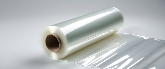 Roll of thin cling film placed on a white background.