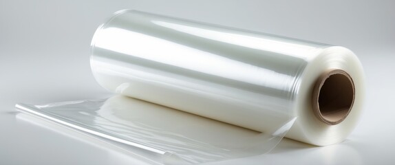 Roll of thin cling film set apart on a white background.