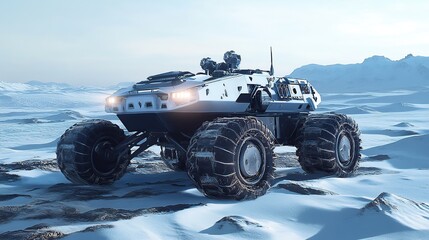 Arctic Expedition Vehicle: Futuristic All-Terrain Rover in Frozen Landscape