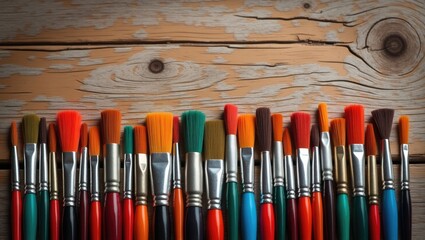Fototapeta premium Row of artist paintbrushes seen up close on a rustic wooden table, styled in a retro manner.