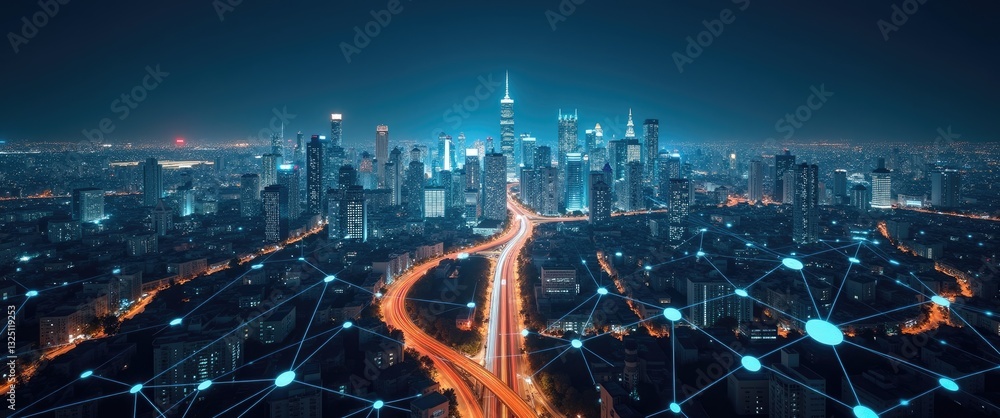 Poster rounded abstract cityscape illustrating network connection, internet and global connection concept.