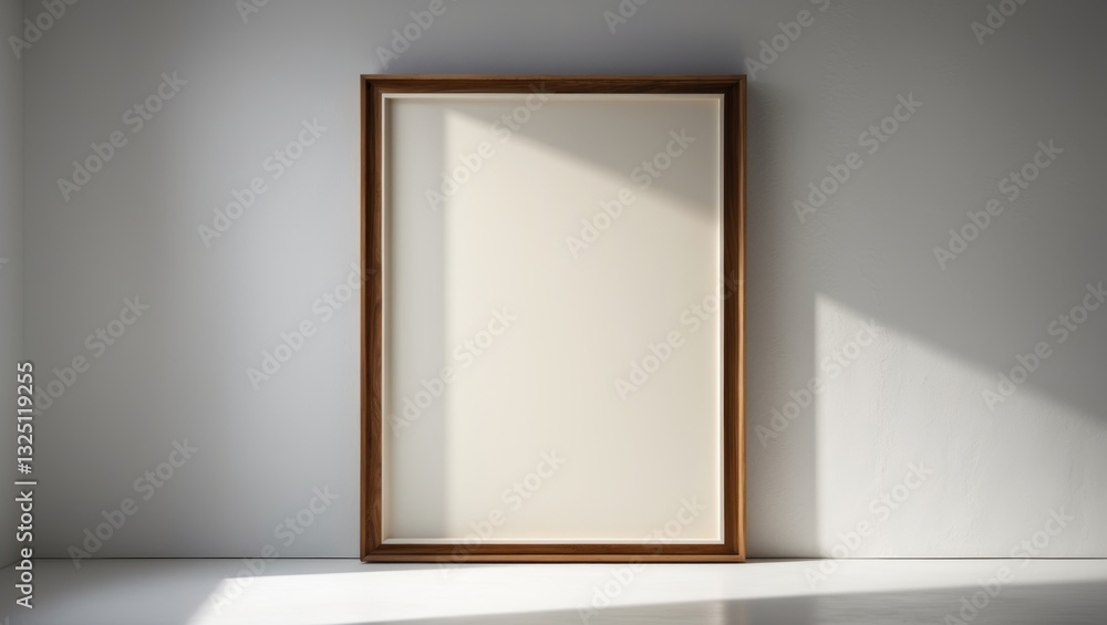 Poster rectangular wood frame displayed as a mockup on a white wall. poster. simple modern frame. inside, n