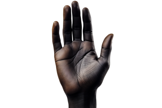 a black man's hand closed upwards, extremely white background