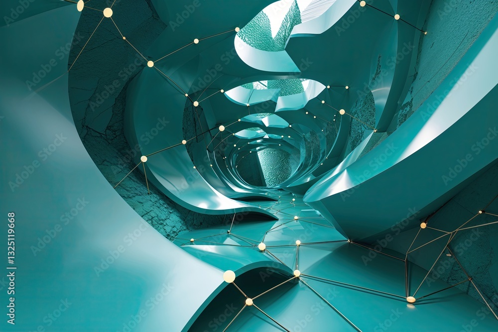 Poster vibrant teal geometric landscape featuring intersecting curves and connection points in modern netwo