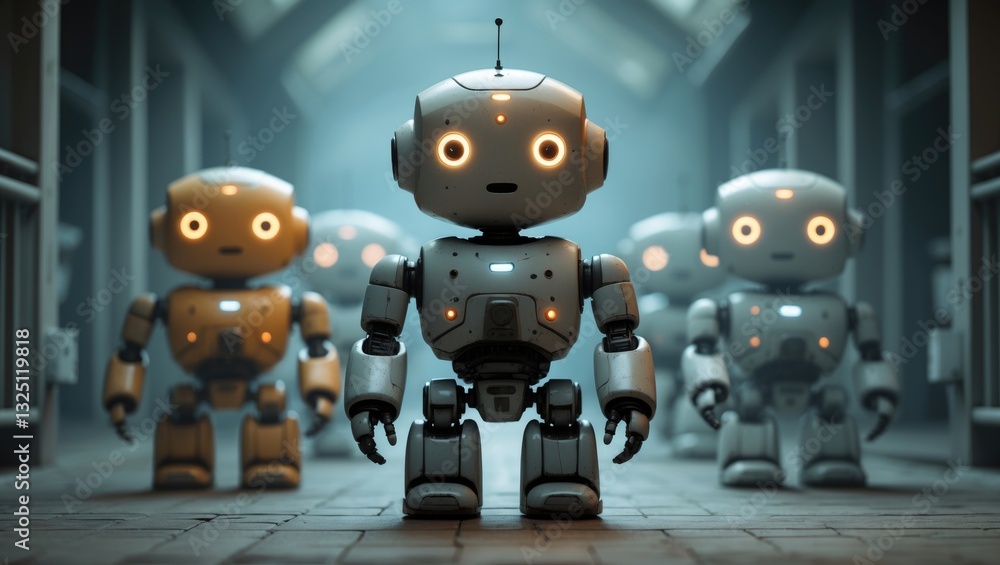 Poster cartoon characters of security robots, pc chatbot.