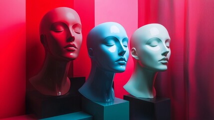Fototapeta premium Colorful mannequin heads in a futuristic neon-lit composition