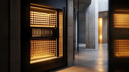 Illuminated Vintage Mainframe Computer in Modern Hallway