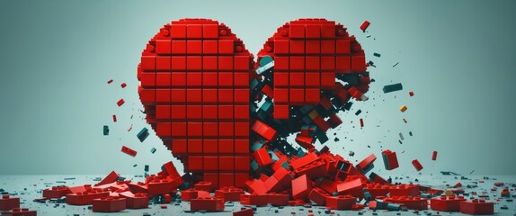 Red heart symbol made of plastic building blocks breaking apart. Flat lay image of a dissolving love icon on a minimalist background. Photo of a stylized collapsing like button.