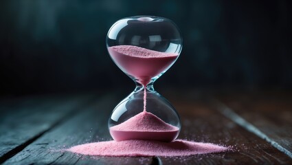 Sand flowing through the bulbs of an hourglass set against a wooden floor background with space for text.