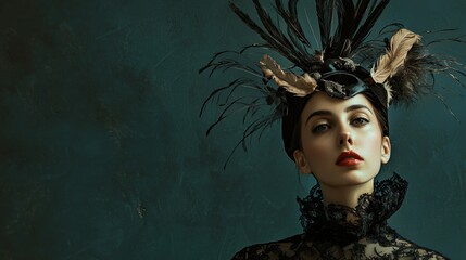 Elegant woman with artistic headpiece in dramatic lighting