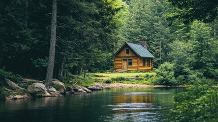 Obraz premium Secluded log cabin nestled amidst lush woodland scenery by a tranquil river bank