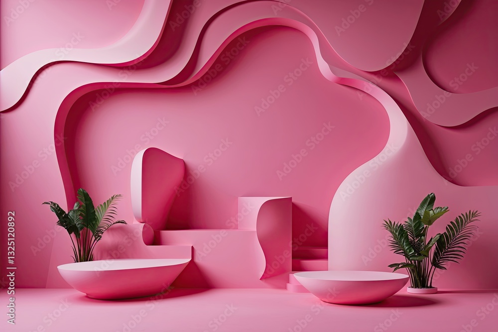 Poster enchanting pink background with dynamic shapes and generous area for creative design